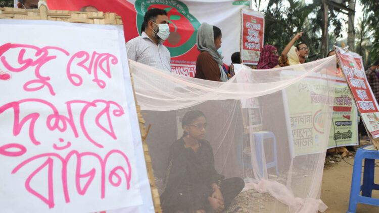 ডেঙ্গু থেকে বাঁচতে রাস্তায় মশারি টানিয়ে প্রতিবাদ!